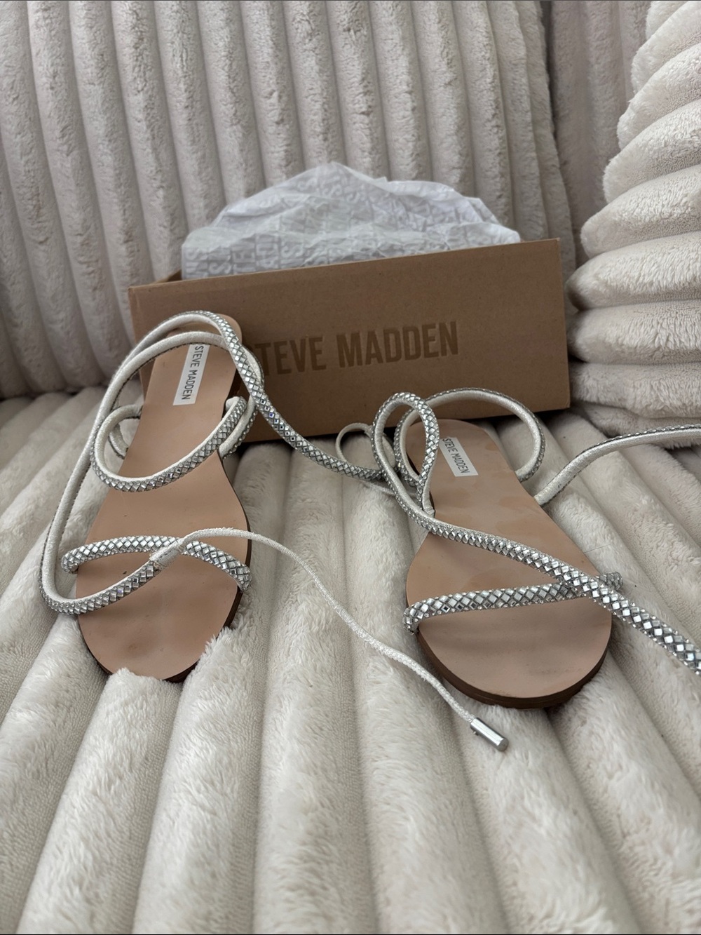 Steve Madden Crystal Silver Braided Lace-Up Sandals